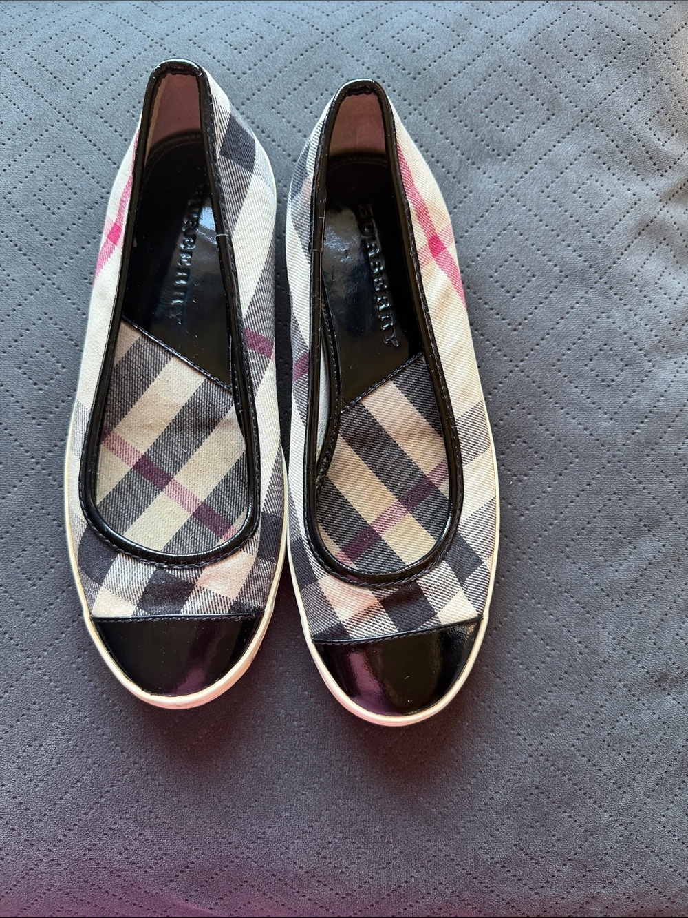 Burberry Black, White and Pink Check Canvas Ballet Flats with Patent Trim